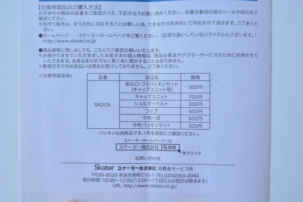 取扱説明書に記載されている交換用部品について